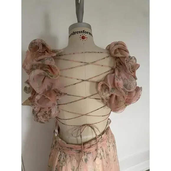 Mac Duggal - Women’s Tiered Pink Floral Chiffon Gown, cutout back, size 10 - Picture 10 of 13